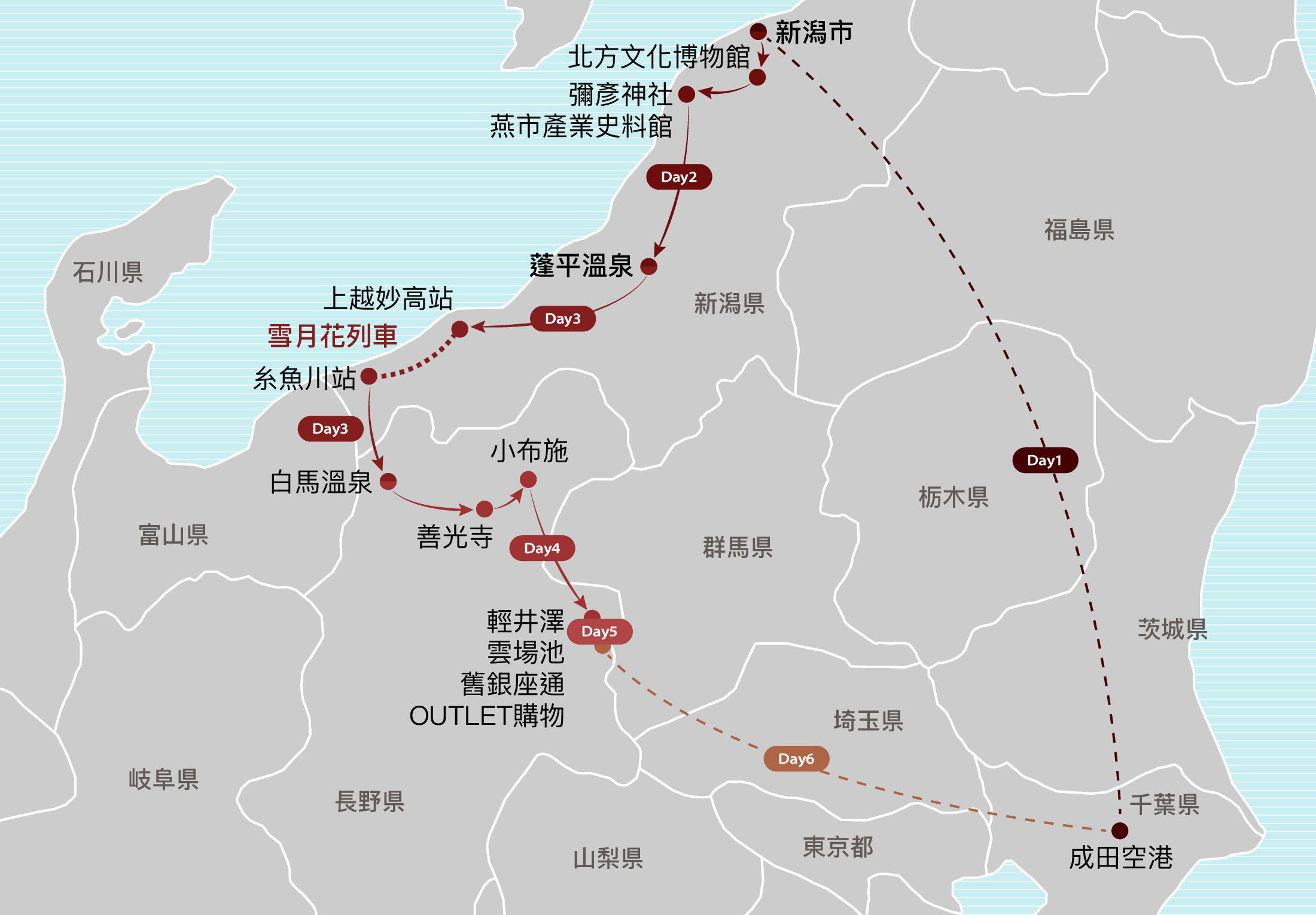 越後心動鐵道雪月花列車.白馬溫泉.輕井澤6日
